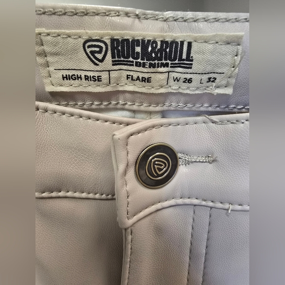 Rock & Roll Denim HIGH RISE EXTRA STRETCH FLARE FAUX LEATHER PANTS in Ivory - Picture 14 of 14